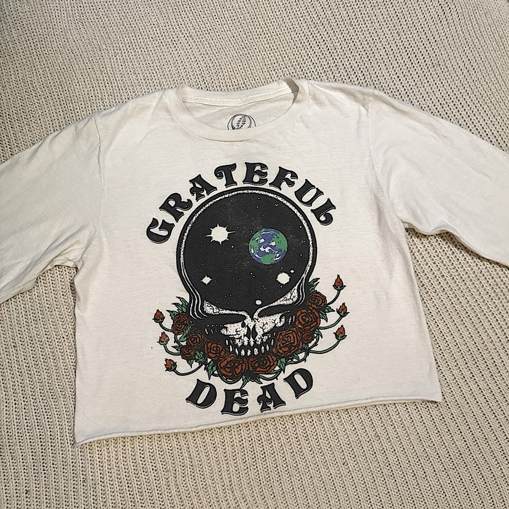 Grateful Dead Band Skull Roses Crop Top Long Sleeve Tee T Shirt Size Small